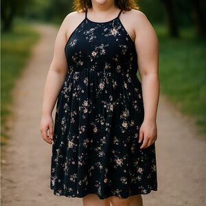 Torrid Size‎ 0X Halter Skater Dress Black Floral Rayon Vintage Y2K Grunge